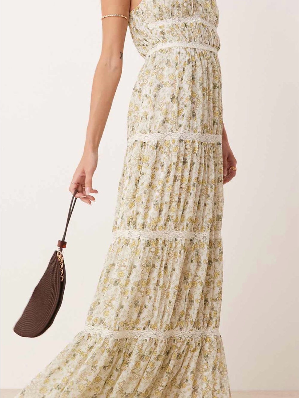 ASOS Floral Tiered Maxi Skirt in Cream and Yellow